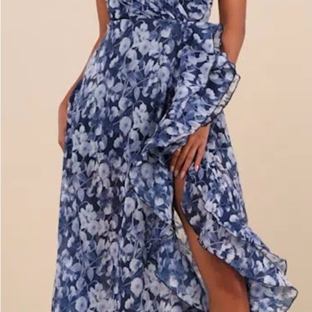 Lulus Illustrious Aura Navy Blue Floral Ruffled Surplice Maxi Dress(363)